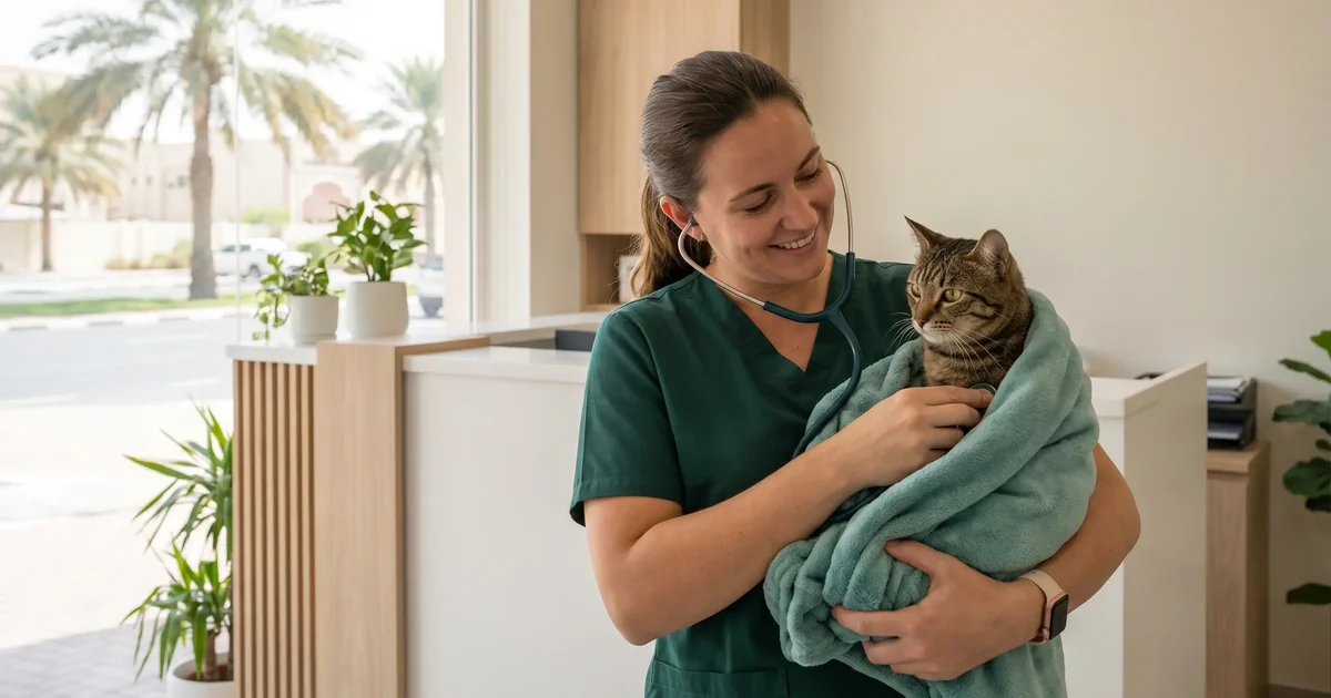 veterinarian explaining FIP FIV FeLV feline virus test results to cat owner at Pawspact Abu Dhabi