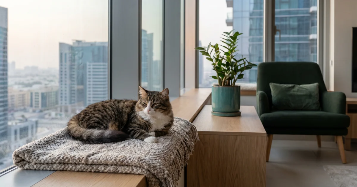 indoor cat at home in Abu Dhabi UAE receiving annual vaccination from Pawspact vet