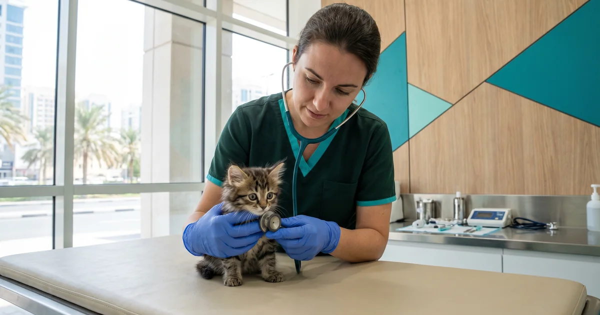 veterinarian administering vaccine to kitten at Pawspact Abu Dhabi