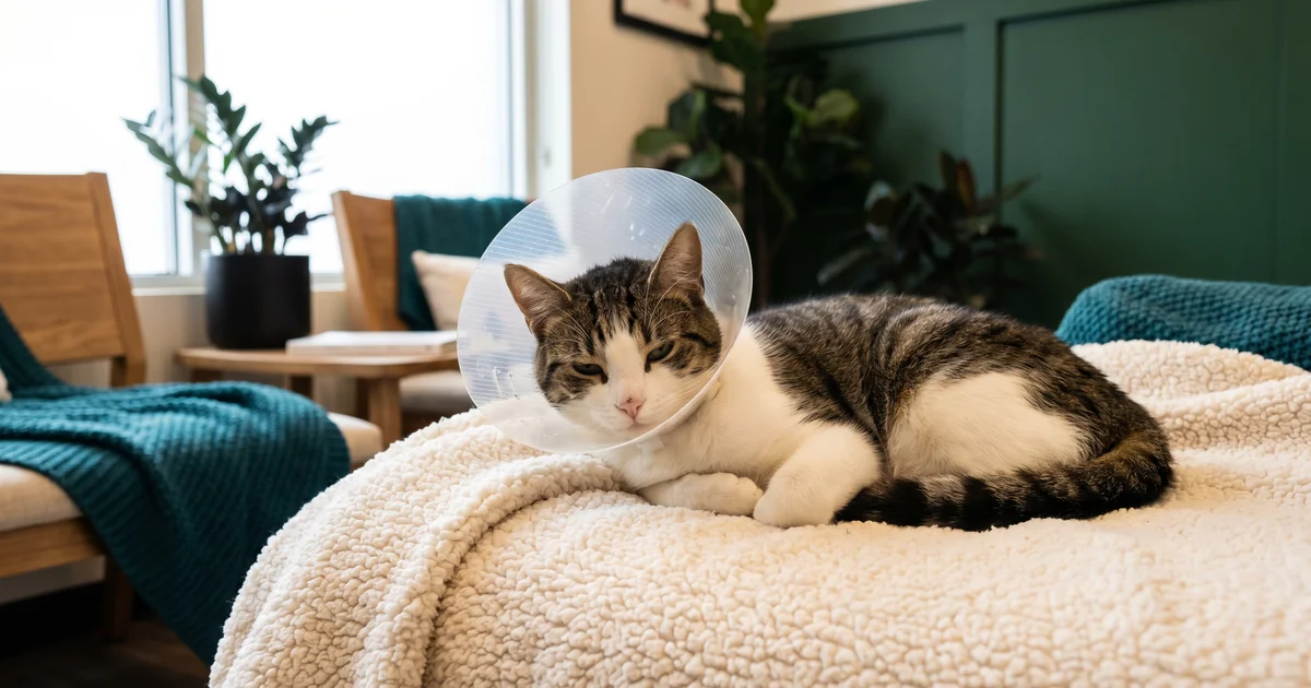 cat wearing e-collar cone recovering from spay surgery at Pawspact Abu Dhabi